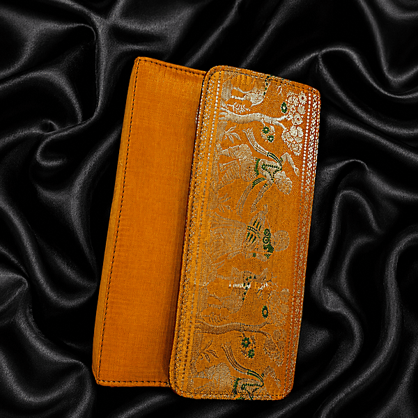 Premium Swarnachari Silk Purse | Golden Yellow Zari & Green Meena Work