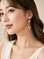 Black Butterfly Pearl Tassel Earrings with Crystal Accents in Gold