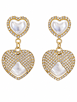 Pearl Heart Drop Earrings with Crystal Pavé in Gold