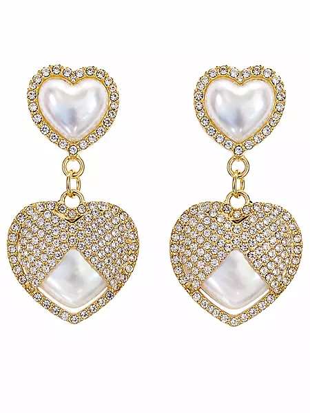 Pearl Heart Drop Earrings with Crystal Pavé in Gold