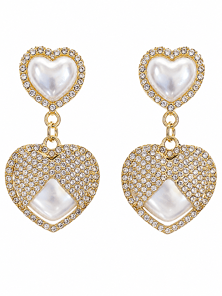 Pearl Heart Drop Earrings with Crystal Pavé in Gold