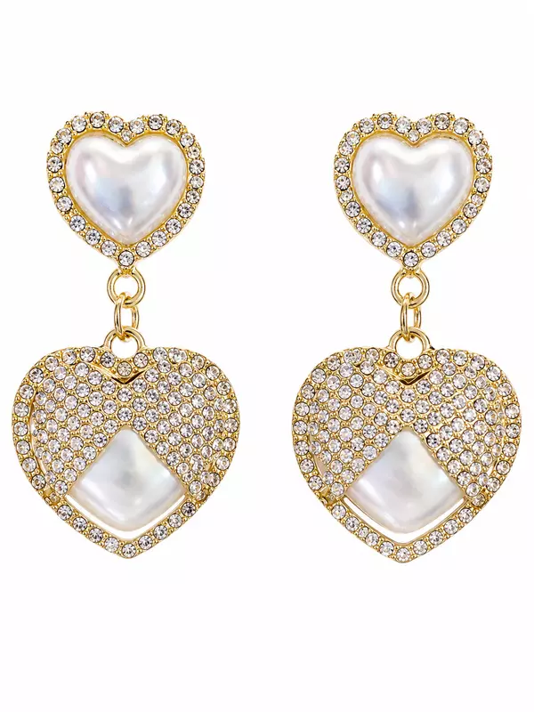 Pearl Heart Drop Earrings with Crystal Pavé in Gold
