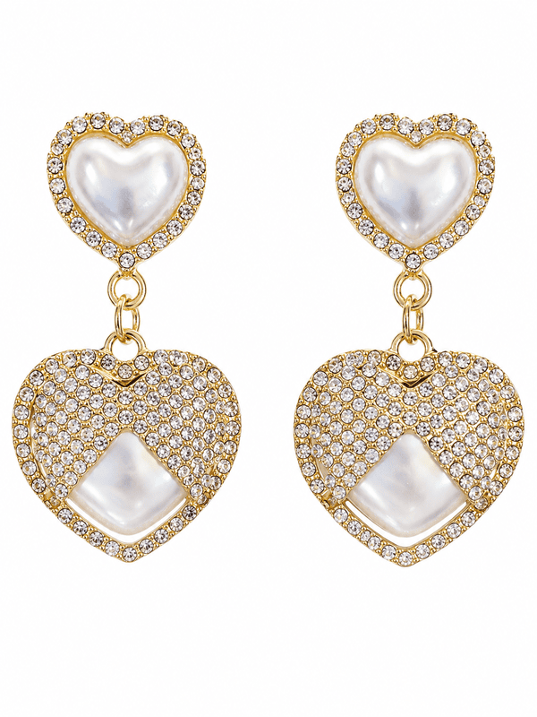 Pearl Heart Drop Earrings with Crystal Pavé in Gold