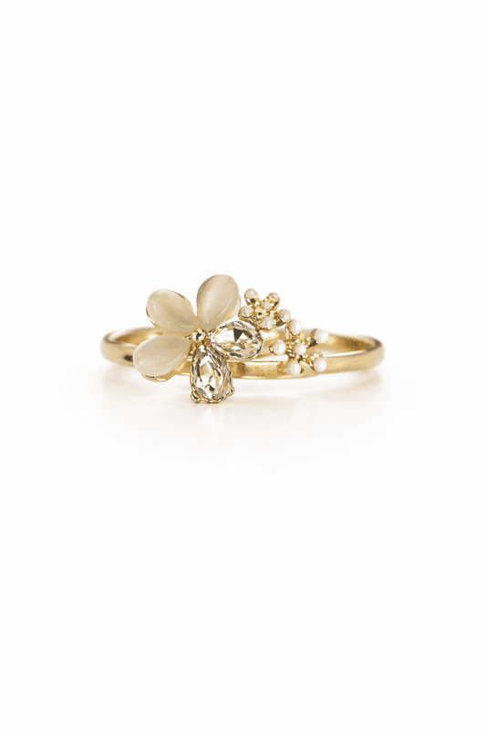 Gold Floral Pearl Crystal Ring