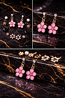 Multi-Stud Earring Set with Pink Floral Drops-Combo | Korean Style