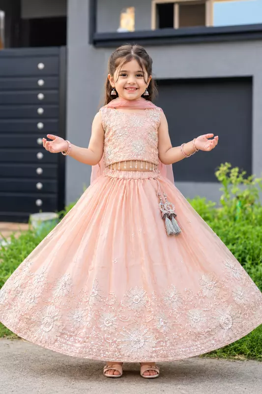 Peach Blossom Embroidered Festive Lehenga Choli Set for Girls