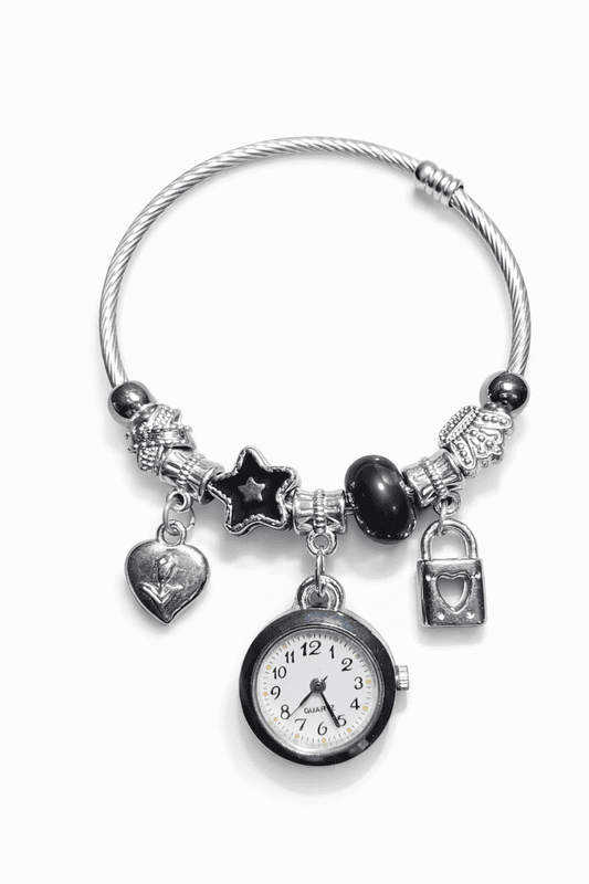 Silver Charm Bracelet Watch with Heart and Star Pendants