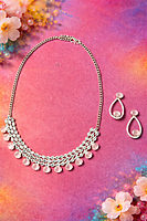 Silver and Pink Crystal Necklace Set with Matching Earrings