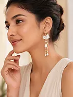 White Flower Pearl Tassel Earrings with Gold Hoops