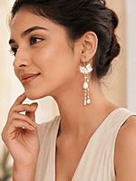 White Flower Pearl Tassel Earrings with Gold Hoops