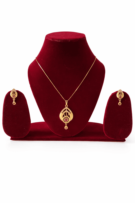 Teardrop Filigree Pendant and Earring Set with Red Stone