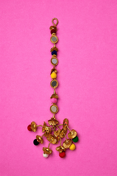 Traditional Golden Latkan with Multicolor Pom-Poms and Mirror Work for Kids