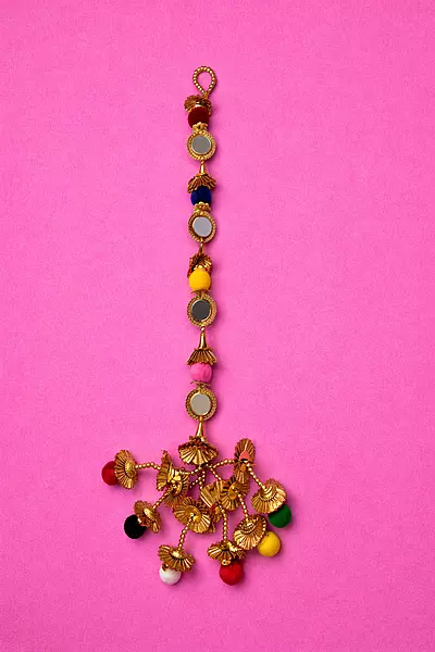 Traditional Golden Latkan with Multicolor Pom-Poms and Mirror Work for Kids