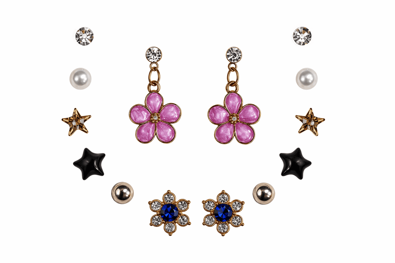 Multi-Stud Earring Set with Pink Floral Drops-Combo | Korean Style