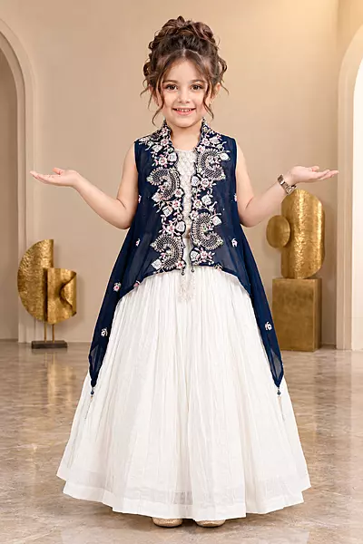 Girls Navy Blue Embroidered Anarkali Lehenga Set with White Skirt