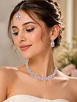 Crystal Necklace, Earrings, and Maang Tikka Set - Silver