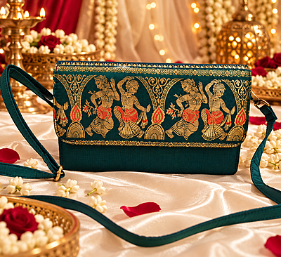 Peacock Blue-Green Dual-Tone Swarnachari Sling Bag