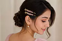 Gold-Tone Bow Hairpin Set with Pastel Bead Cascades .