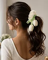 Plush Fur Hair Scrunchies with Floral Ribbon Charms