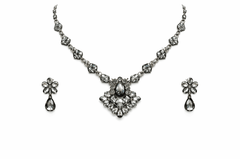 Black Crystal Teardrop Necklace and Earring Set