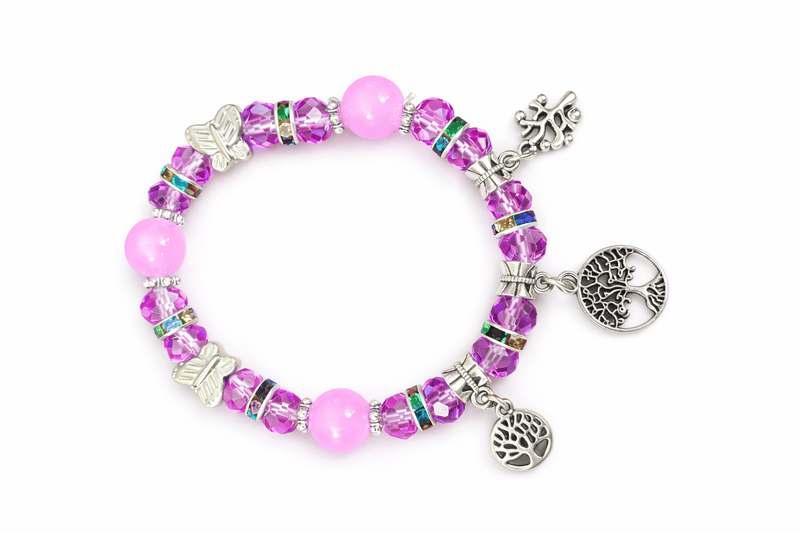 Crystal Beaded Charm Bracelet with Butterfly and Tree Pendants | Korean Bracelet