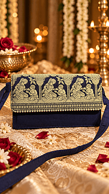 Premium Navy Blue Baluchari Silk Purse | Zari & Meena Work Premium Navy Blue Baluchari Silk Purse | Zari & Meena Work