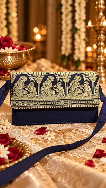 Premium Navy Blue Baluchari Silk Purse | Zari & Meena Work Premium Navy Blue Baluchari Silk Purse | Zari & Meena Work