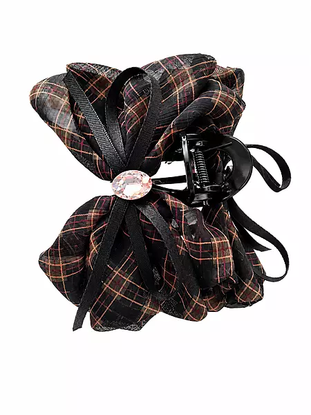 Black and Brown Plaid Scrunchie Hair Clutcher with Crystal Accent
