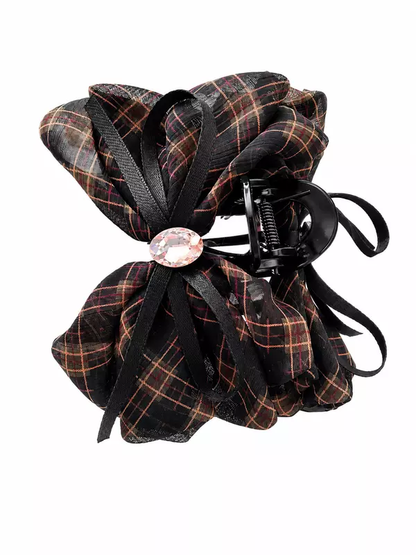 Black and Brown Plaid Scrunchie Hair Clutcher with Crystal Accent