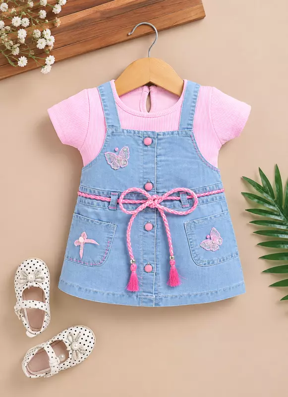 Pink Butterfly Denim Pinafore Dress Set for Girls