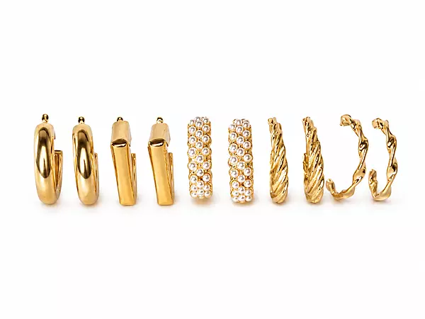 Gold-Tone Hoop Earring Set with Pearl and Textured Designs
