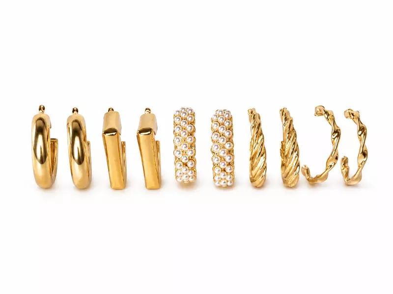 Gold-Tone Hoop Earring Set with Pearl and Textured Designs