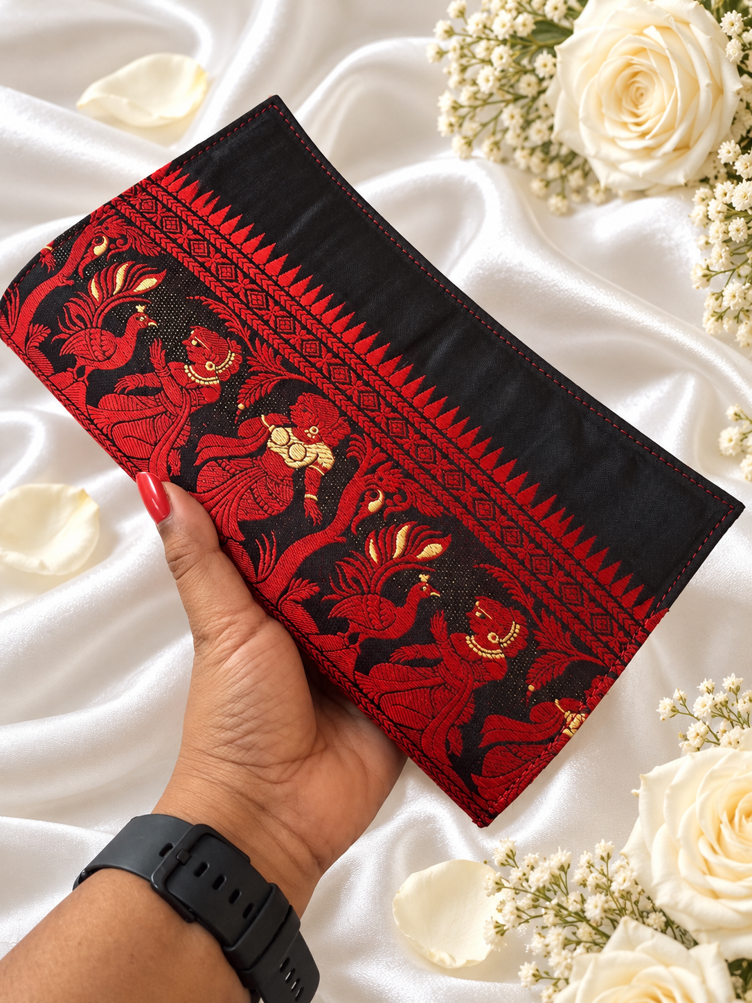 Red & Black Baluchari Silk Clutch Purse | Handcrafted Accessory Red & Black Baluchari Silk Clutch Purse | Handcrafted Accessory