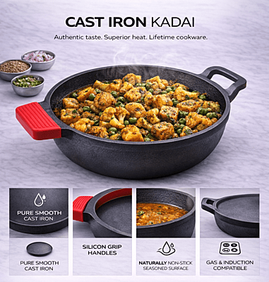 Granny Kitchen Cast Iron Kadai with Silicone Grip Handles | Pre-Seasoned