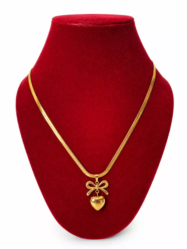 Gold Heart and Bow Pendant Necklace