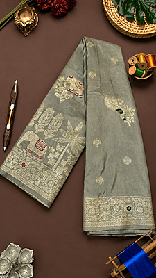 Powder Grey Banarasi Saree with Golden Zari & Meena Elephant-Peacock Motifs Powder Grey Banarasi Saree with Golden Zari & Meena Elephant-Peacock Motifs