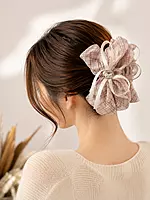 Pink Plaid Scrunchie Hair Clutcher with Bow and Crystal Accent