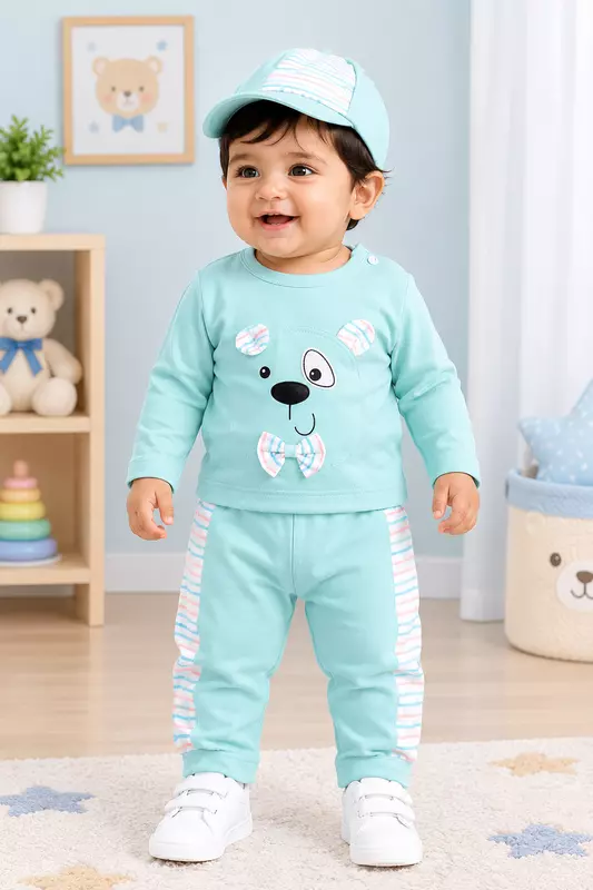 Mint Green Little Bear Printed Baby Boy Co-Ord Set with Cap