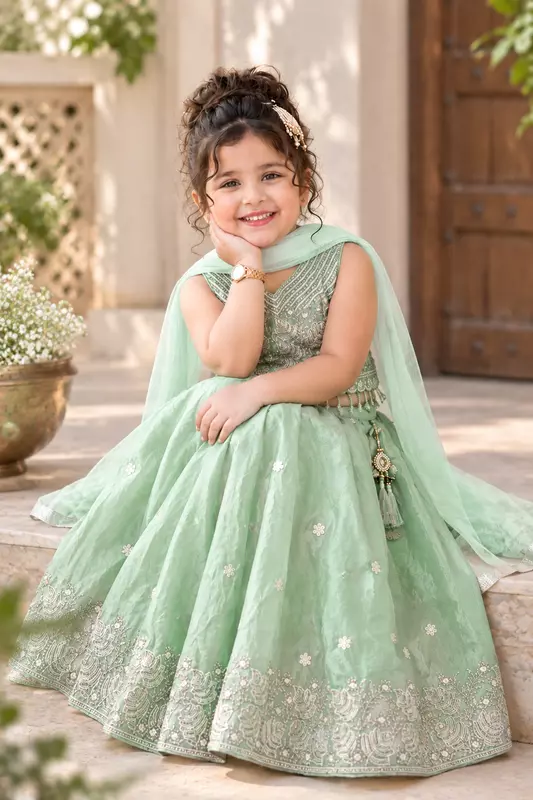 Mint Blossom Princess Embroidered Festive Lehenga Choli Set for Girls