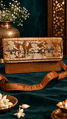 Premium Swarnachari Silk Purse | Zari & Navy Blue Meena Work | Traditional Bengali Sling Purse