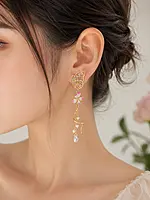 Butterfly Flower Tassel Earrings with Crystal Drops in Gold