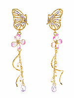 Butterfly Flower Tassel Earrings with Crystal Drops in Gold