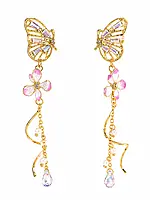 Butterfly Flower Tassel Earrings with Crystal Drops in Gold