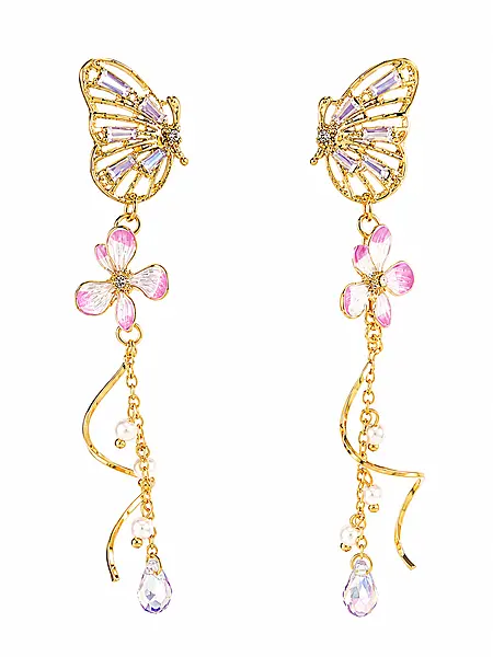 Butterfly Flower Tassel Earrings with Crystal Drops in Gold