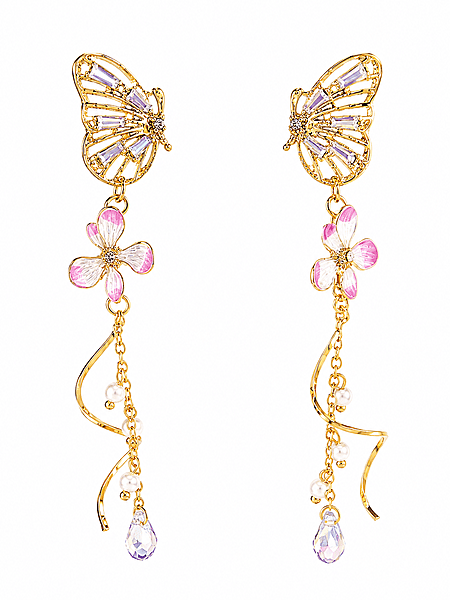 Butterfly Flower Tassel Earrings with Crystal Drops in Gold