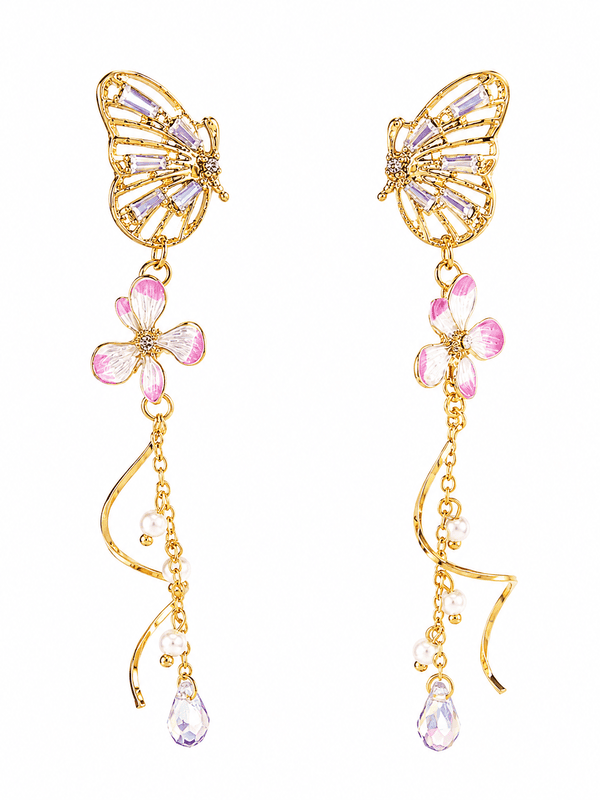 Butterfly Flower Tassel Earrings with Crystal Drops in Gold