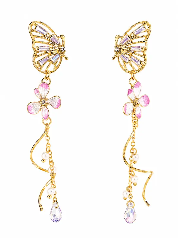 Butterfly Flower Tassel Earrings with Crystal Drops in Gold