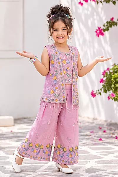 Pink Blossom Designer Embroidered Sharara Set for Girls