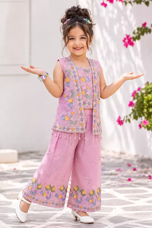 Pink Blossom Designer Embroidered Sharara Set for Girls
