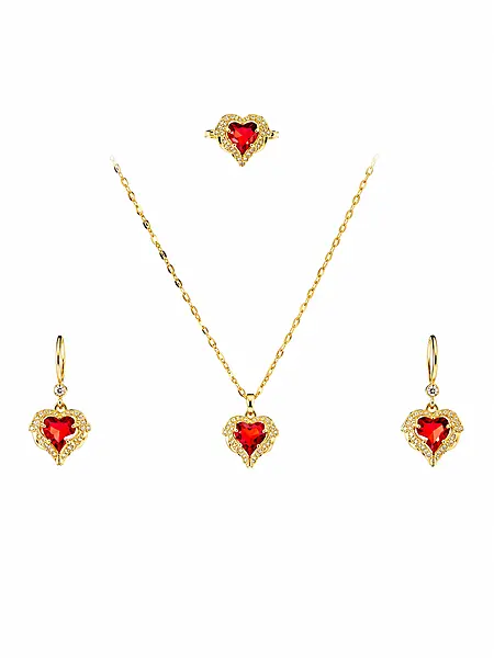 Heart Necklace, Earrings, and Ring Set - Gold